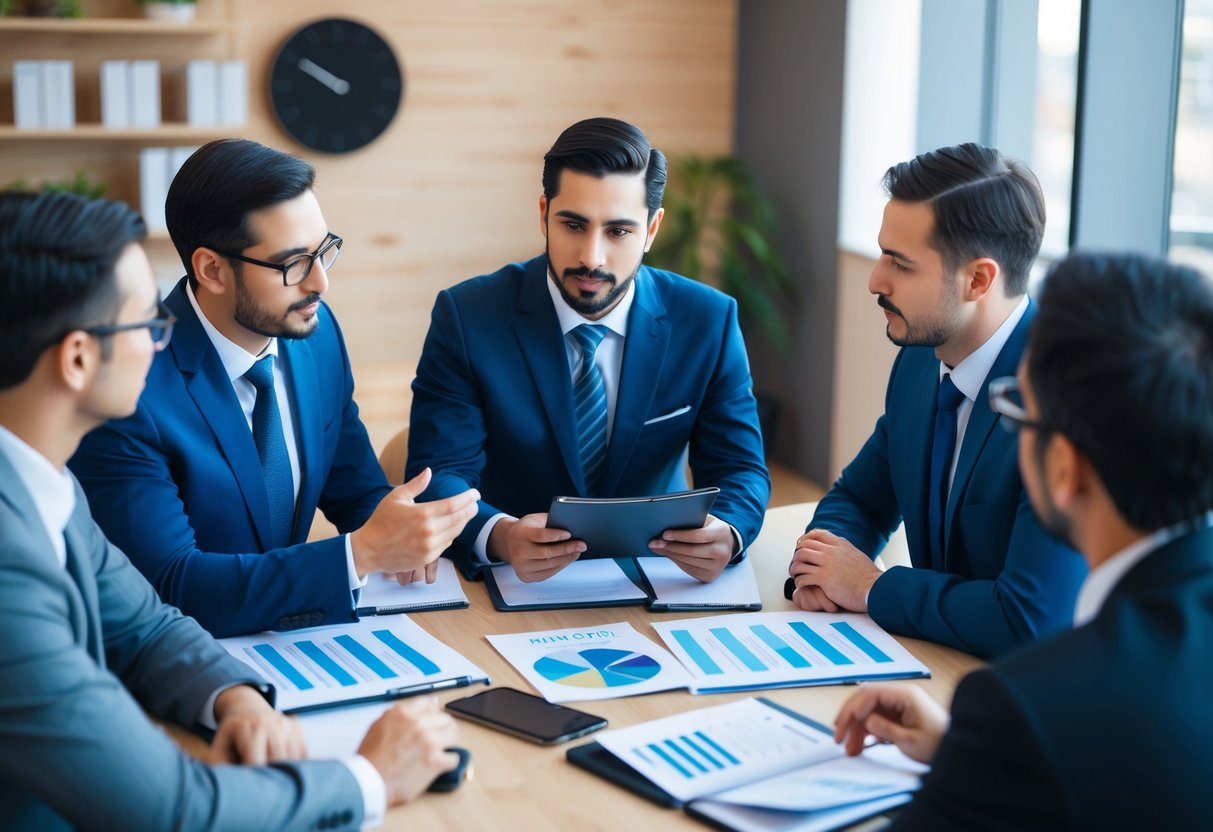 A group of businessmen meeting around a table, discussing and reviewing resumes and portfolios of potential PHP developers