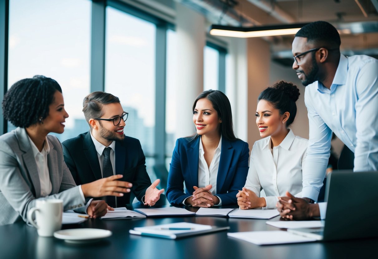 A group of diverse professionals discussing and collaborating in a modern office setting