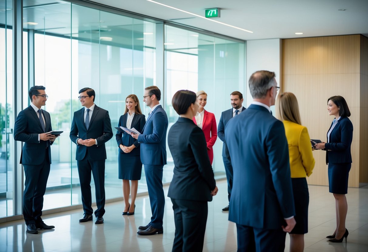 A group of candidates waiting in a modern office lobby, while a panel of professionals conducts interviews in separate glass-walled rooms