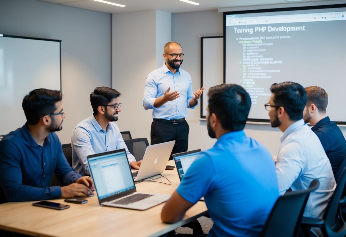 A group of developers attending a training session on PHP development, with a mentor guiding them through the onboarding and continuous development process