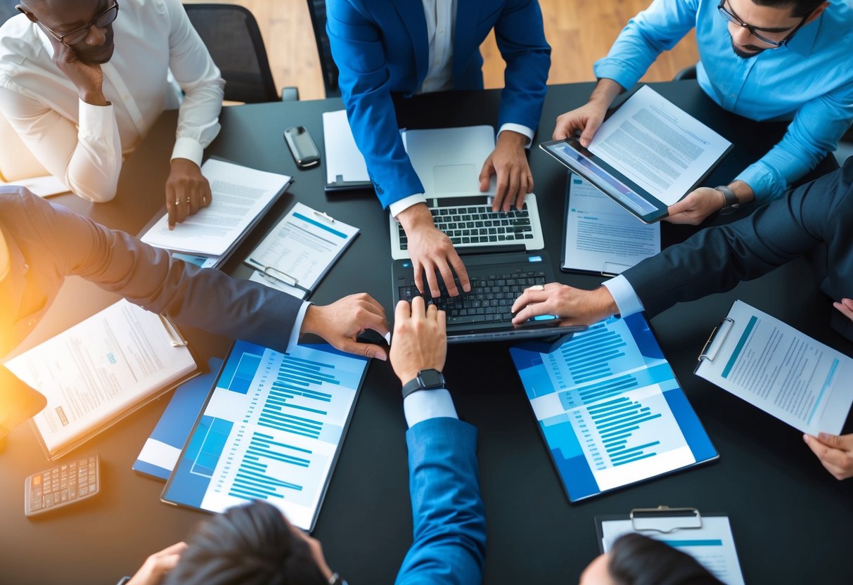 A group of developers working on PHP code, surrounded by legal documents and compliance guidelines