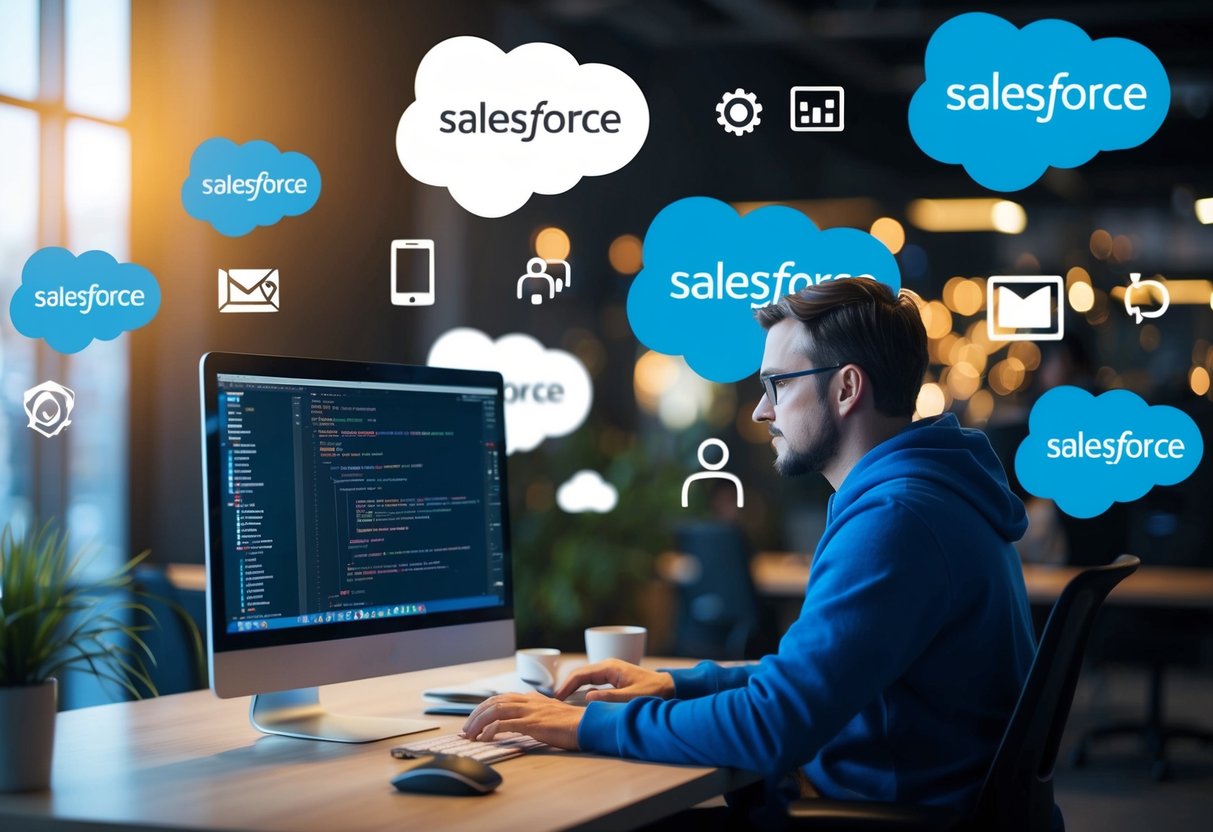 A developer coding on a computer, surrounded by Salesforce logos and icons