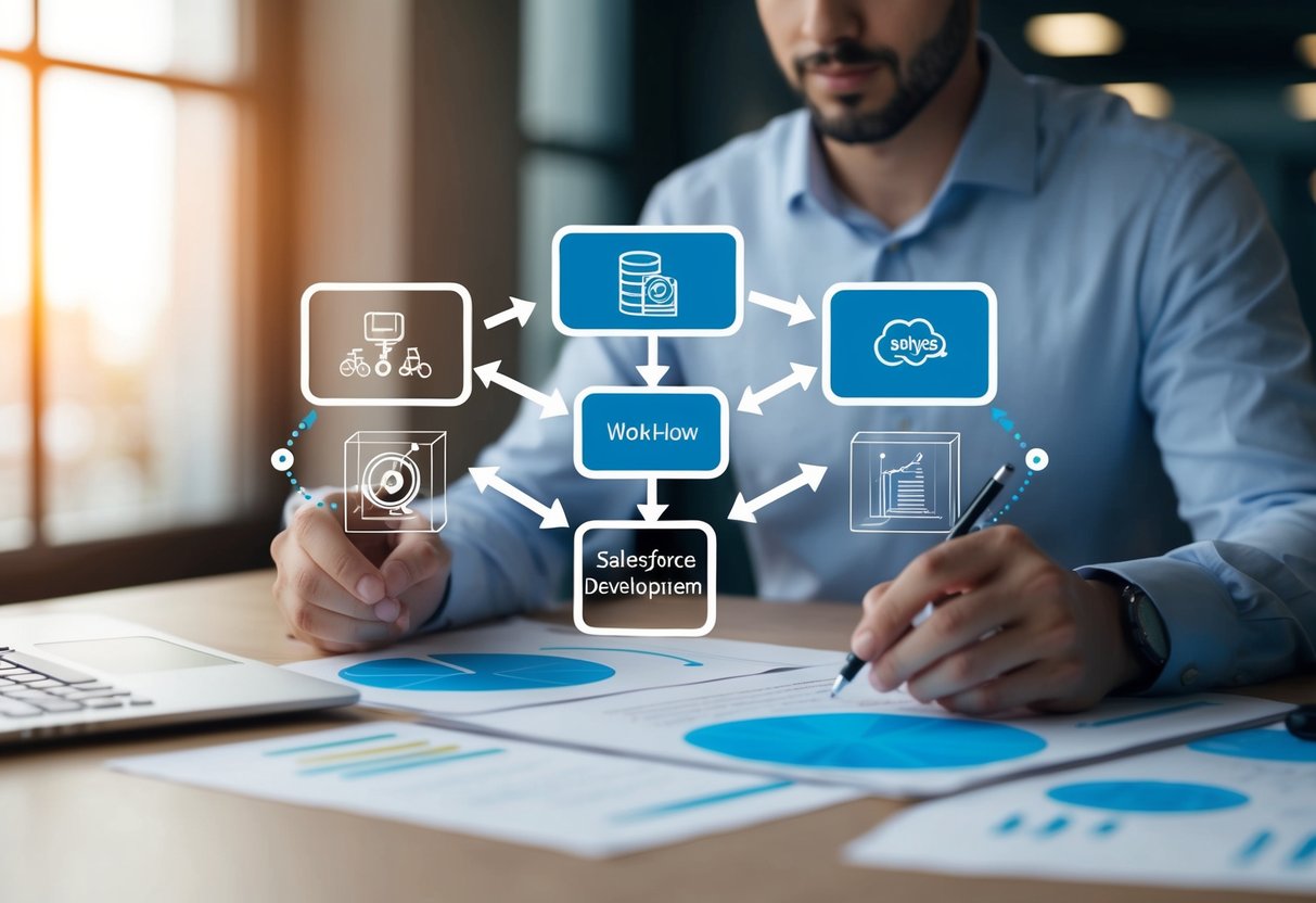 A person designing a flowchart with interconnected boxes and arrows to represent workflow automation and process building for Salesforce development