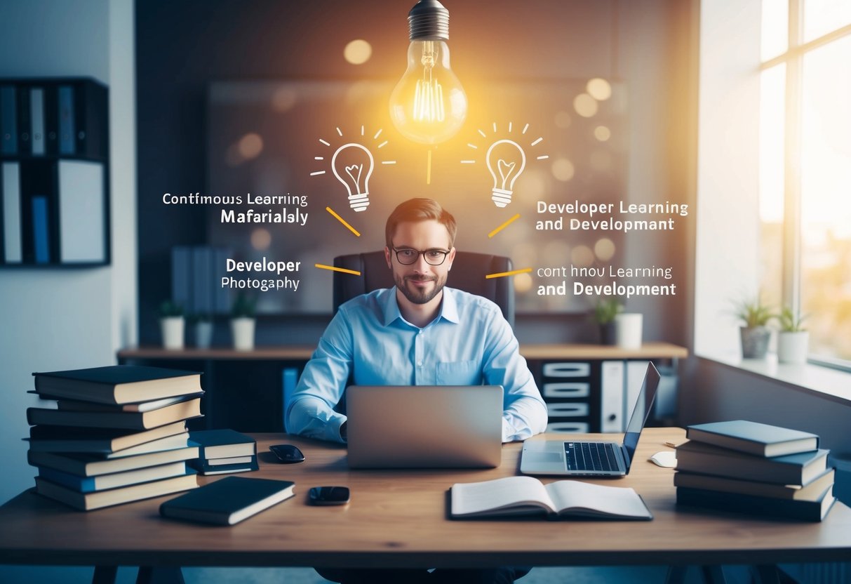 A developer sits at a desk surrounded by books, a laptop, and coding materials. A light bulb shines overhead, symbolizing continuous learning and development