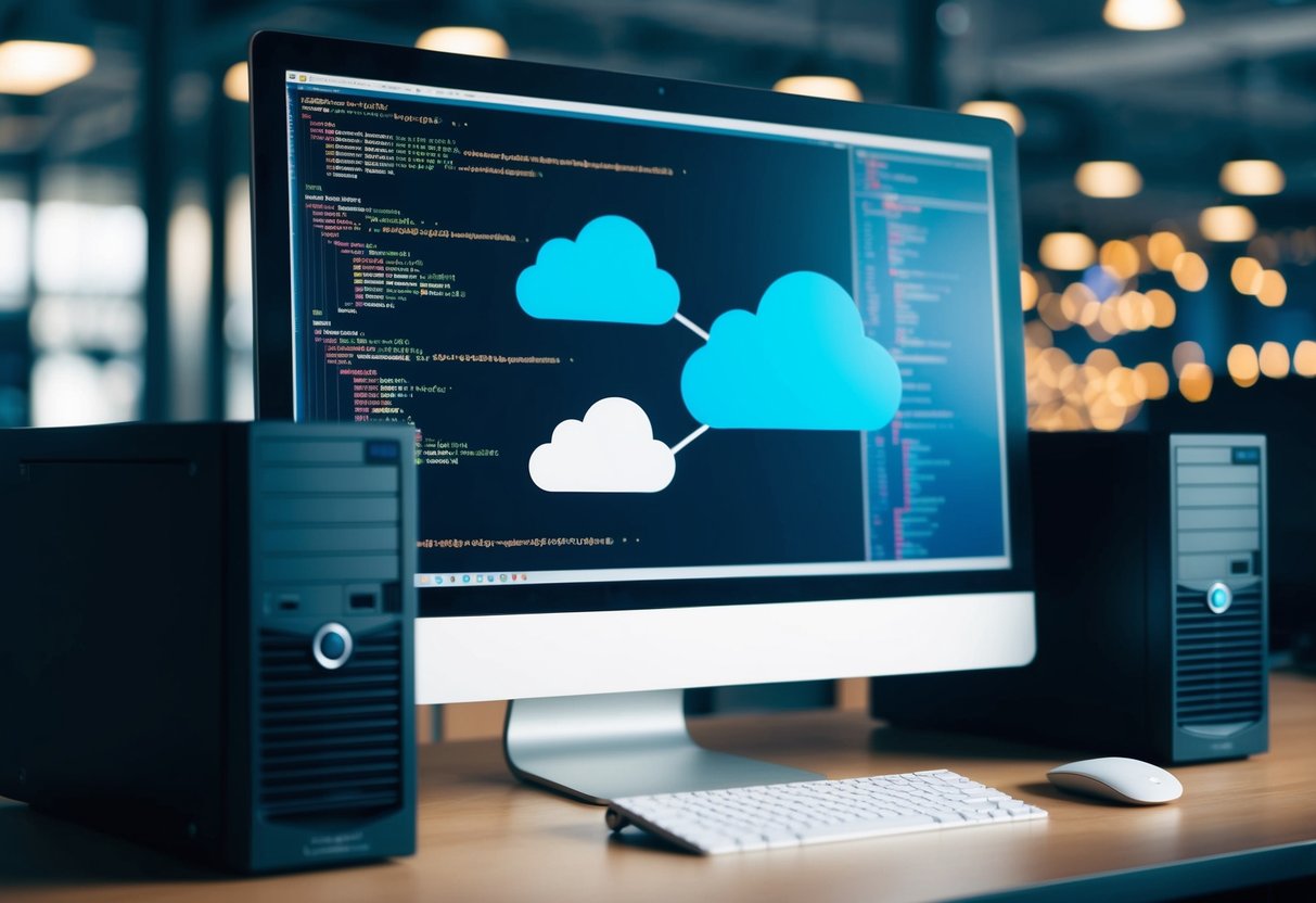 A computer screen displaying code, a server rack, and a cloud icon, symbolizing the integration of software development and IT operations in a DevOps career