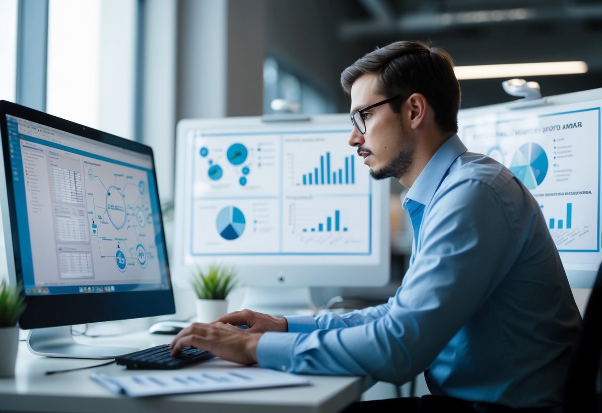 A person working on a computer, surrounded by technical diagrams and charts, with a focus on problem-solving and collaboration