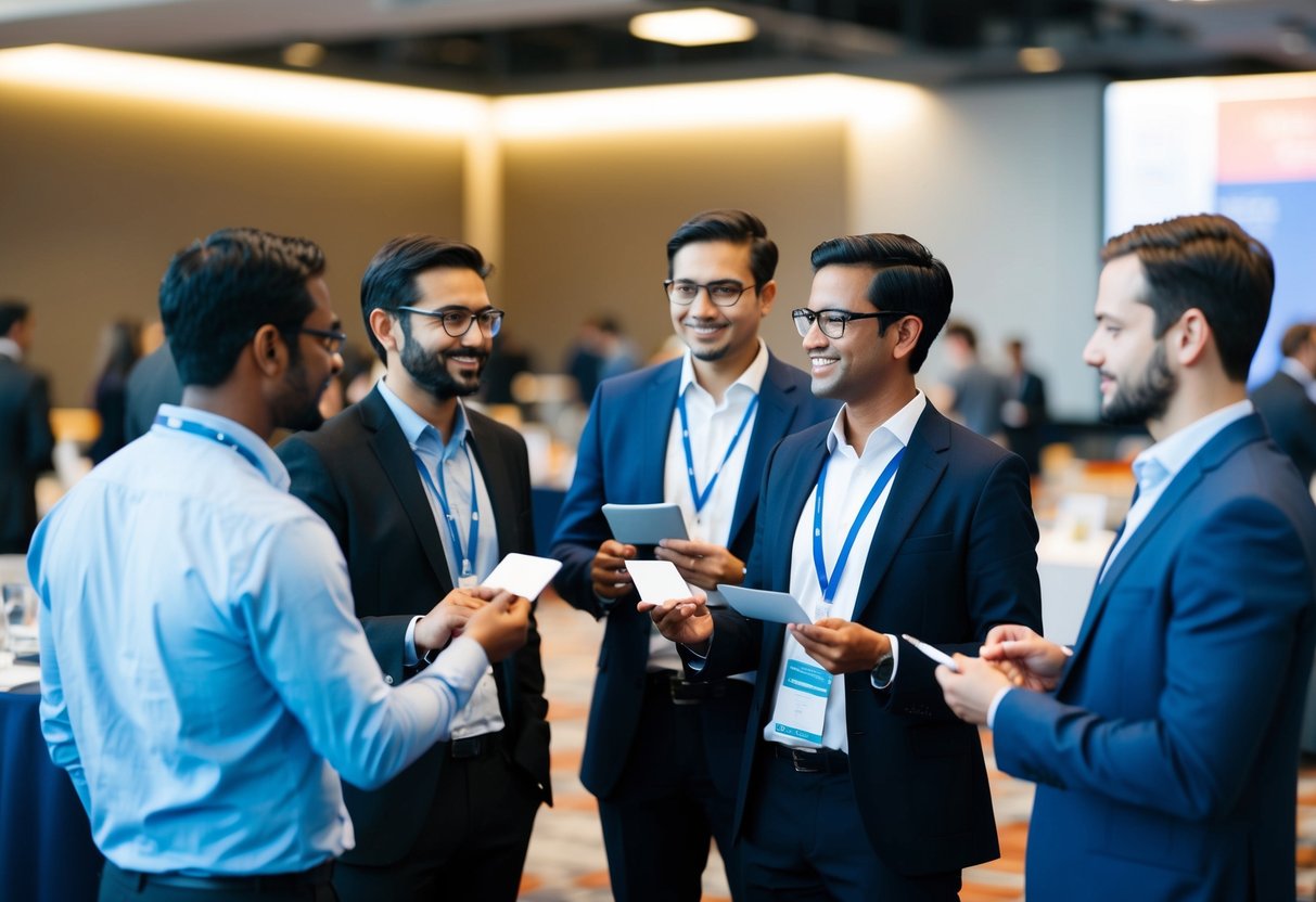 A group of professionals networking at a tech conference, exchanging business cards and discussing career opportunities in devops