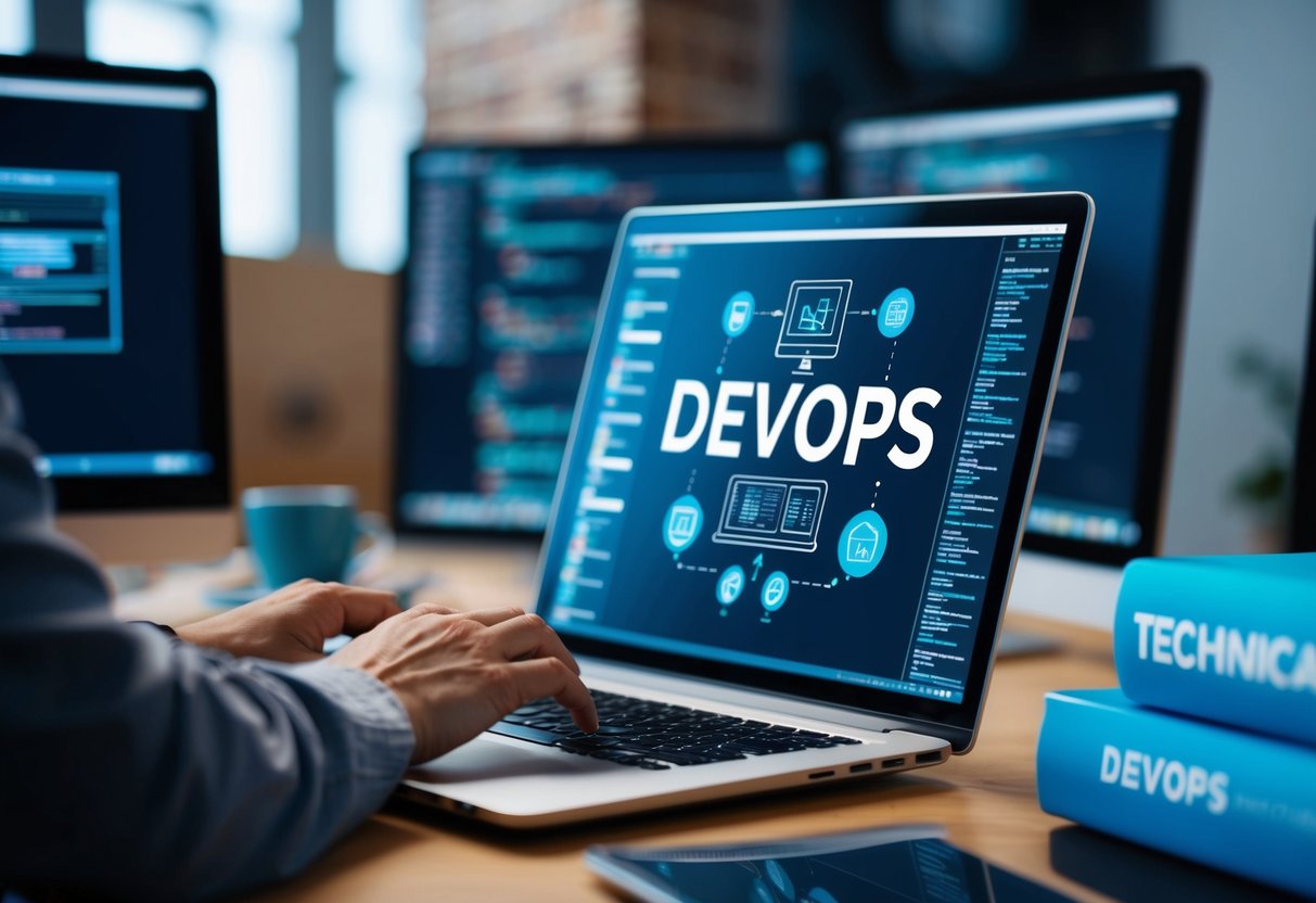 A person typing on a laptop while surrounded by computer screens and technical books, with a focus on the DevOps section