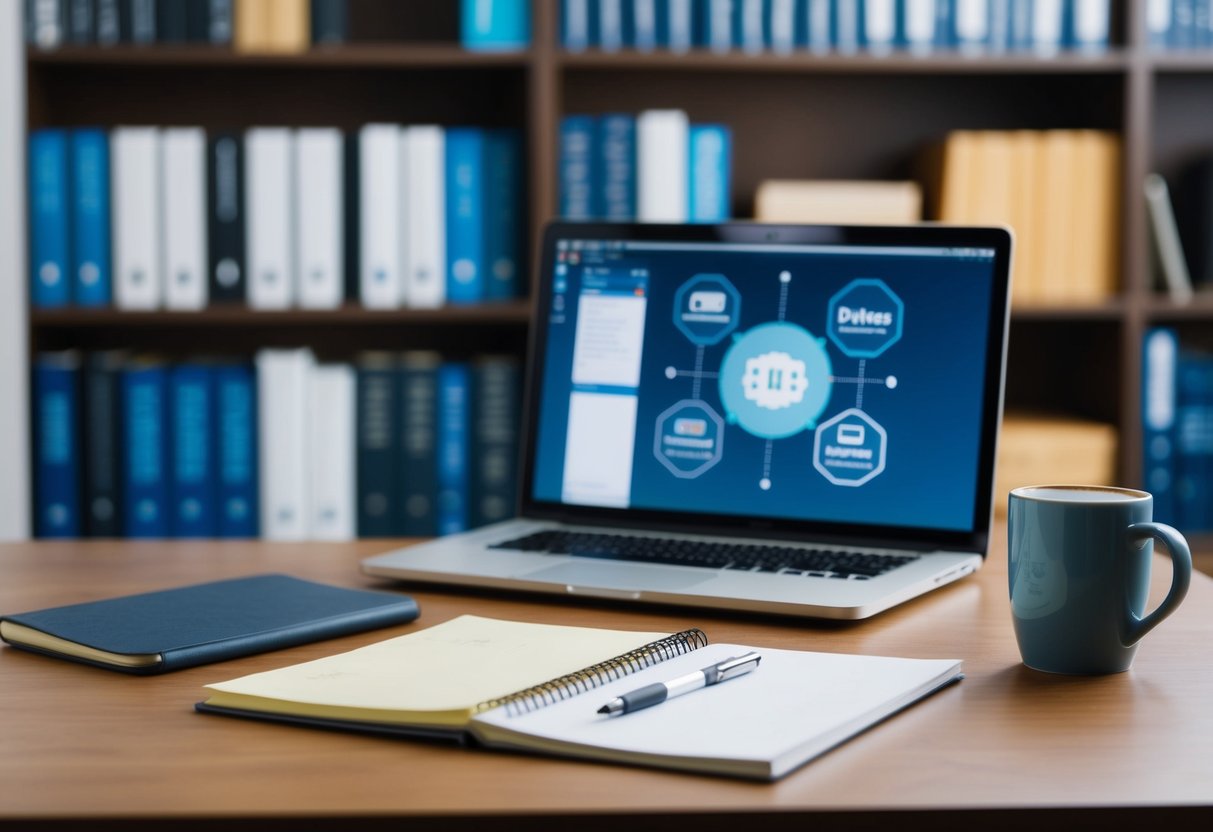 A laptop open on a desk with a notepad, pen, and a mug of coffee. A bookshelf in the background filled with technical books on DevOps and software development