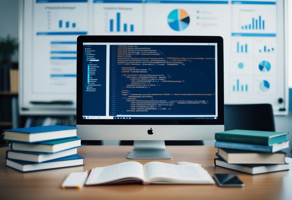 A computer screen displaying code, surrounded by books on software development and DevOps, with a whiteboard filled with diagrams and charts in the background