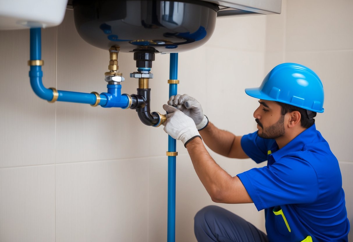 A plumber in Shah Alam fixing a leaky pipe under a sink