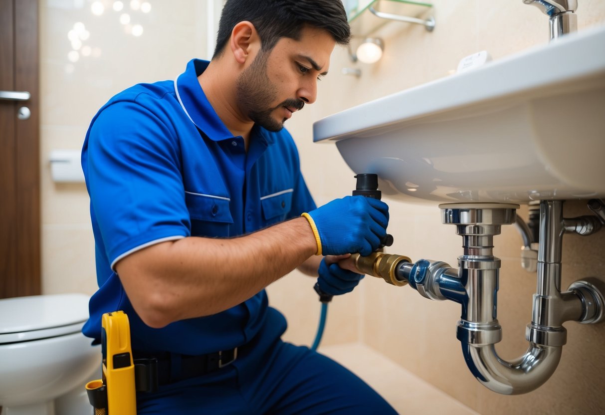 A plumber in Shah Alam quickly repairing a burst pipe in a residential bathroom