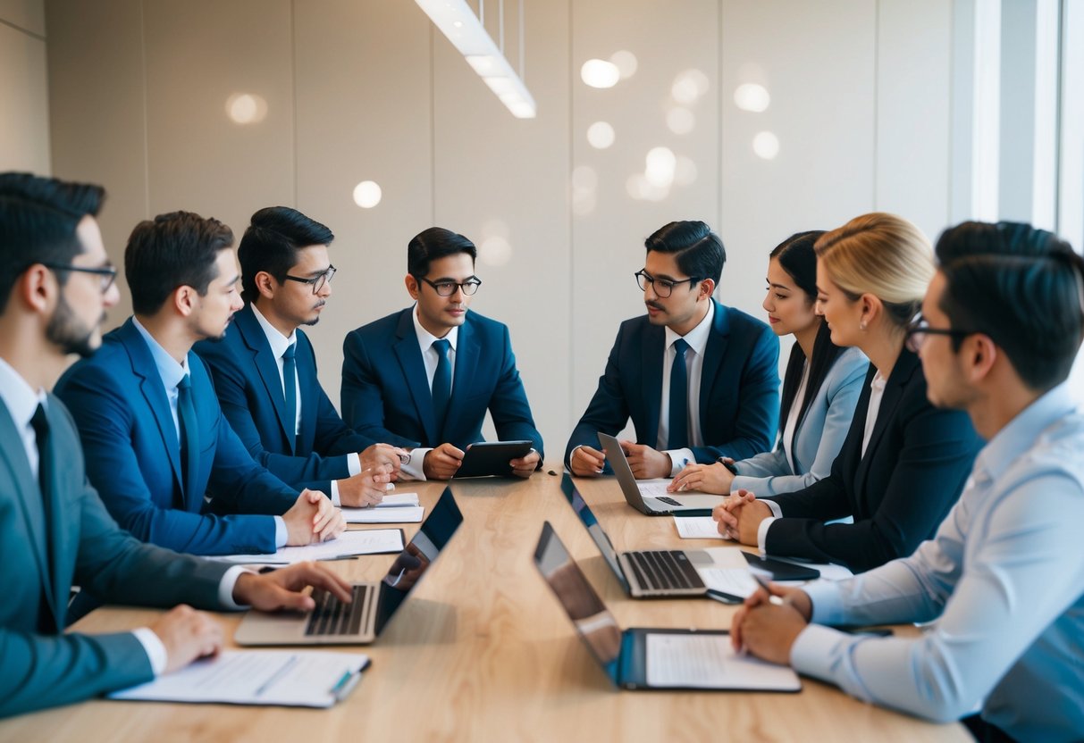 A group of people reviewing resumes and conducting interviews for android developers