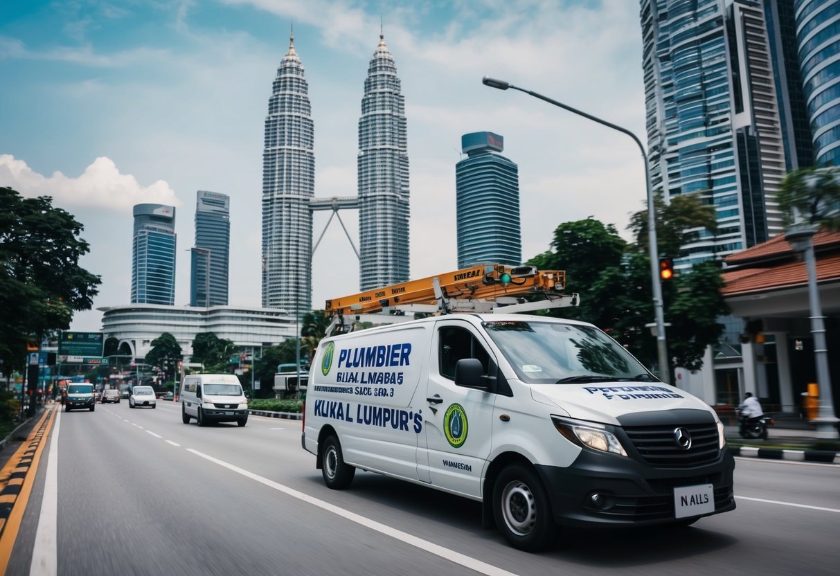 A plumber's van driving through the bustling streets of Kuala Lumpur, with the iconic Petronas Towers in the background