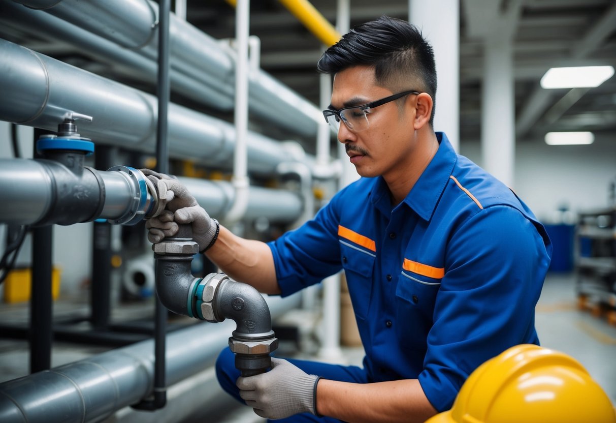 A plumber in Shah Alam, Malaysia, providing specialized services to commercial clients, working on industrial pipes and fittings