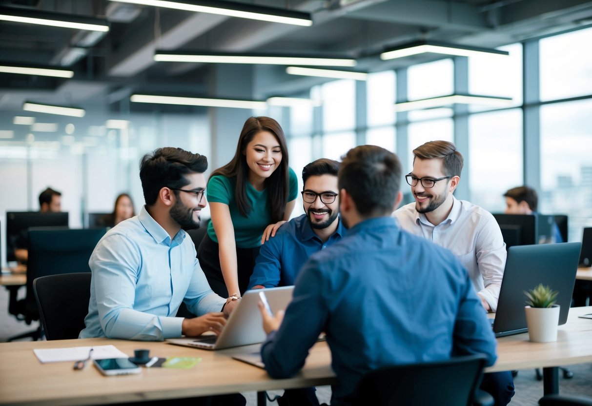 A group of developers collaborating on Android development, sharing ideas and working together in a modern office environment