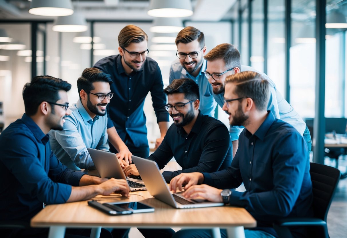 A group of developers collaborating on Android development, brainstorming and coding together in a modern office setting