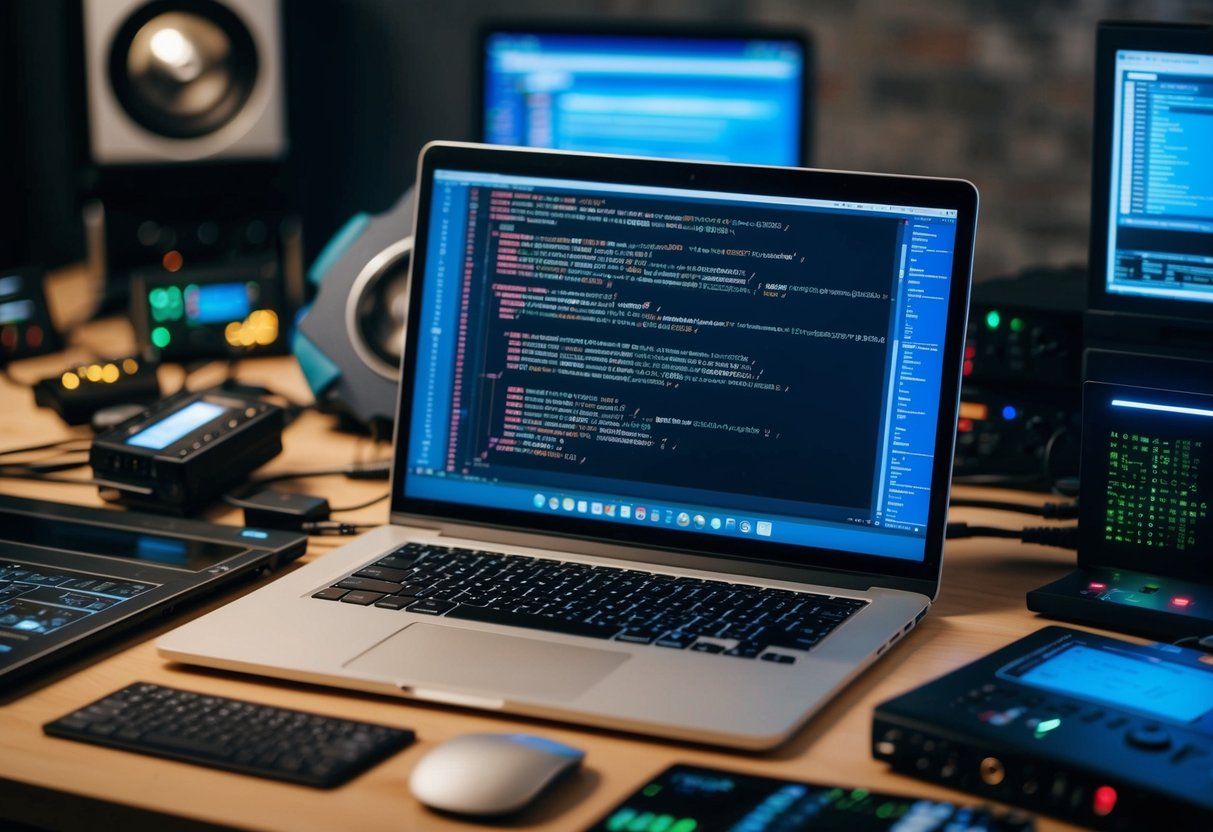 An open laptop displaying lines of code, surrounded by various devices and testing equipment