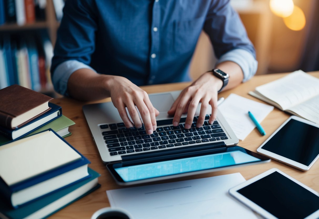 A person typing on a laptop surrounded by books and papers, with a smartphone and tablet nearby, all focused on building android apps