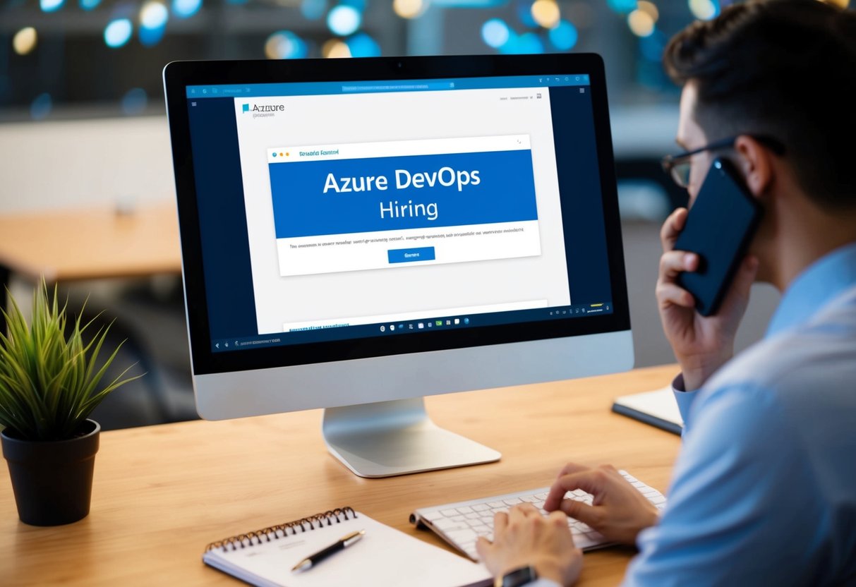 A computer screen displaying the Azure DevOps website with a "Hiring" tab highlighted, a desk with a pen and notepad, and a person on a phone discussing hiring