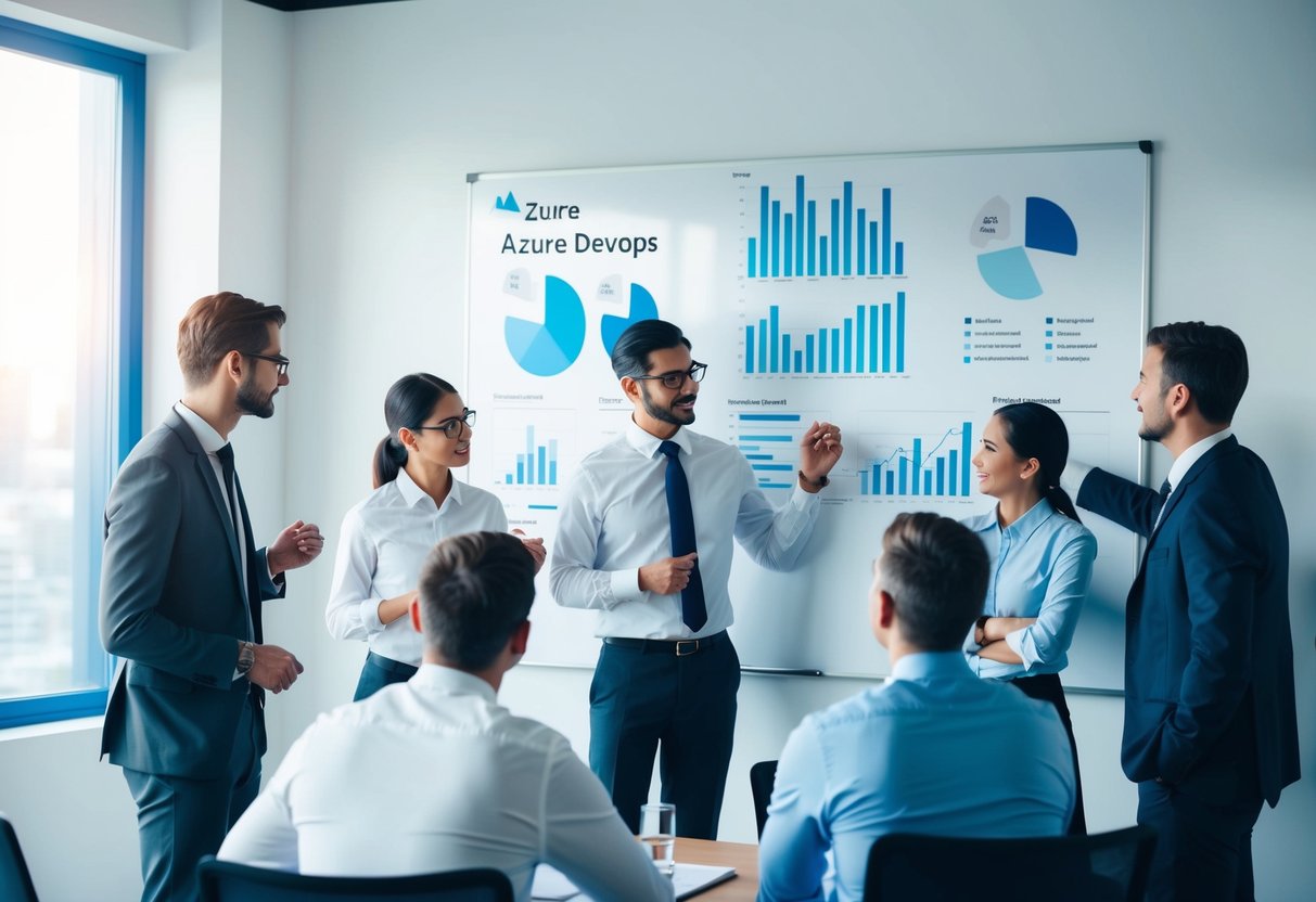 A group of professionals discussing and brainstorming ideas on a whiteboard, with charts and graphs related to Azure DevOps displayed on the wall