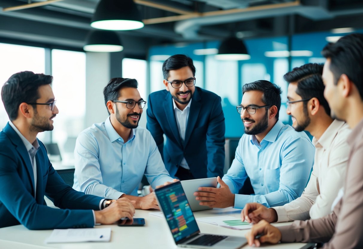 A team of Azure DevOps engineers collaborating in a modern office setting, discussing project timelines and sharing ideas