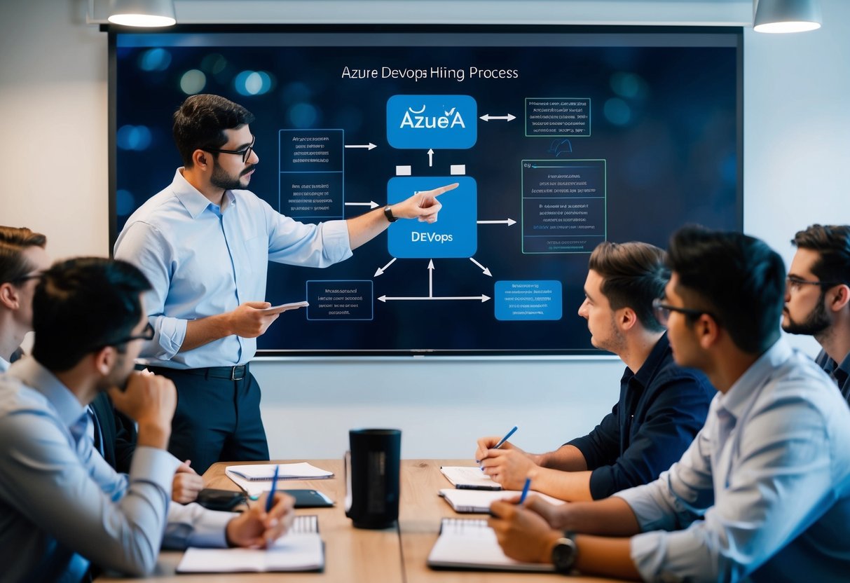 An instructor pointing to a diagram of the Azure DevOps hiring process, while a group of attentive students take notes