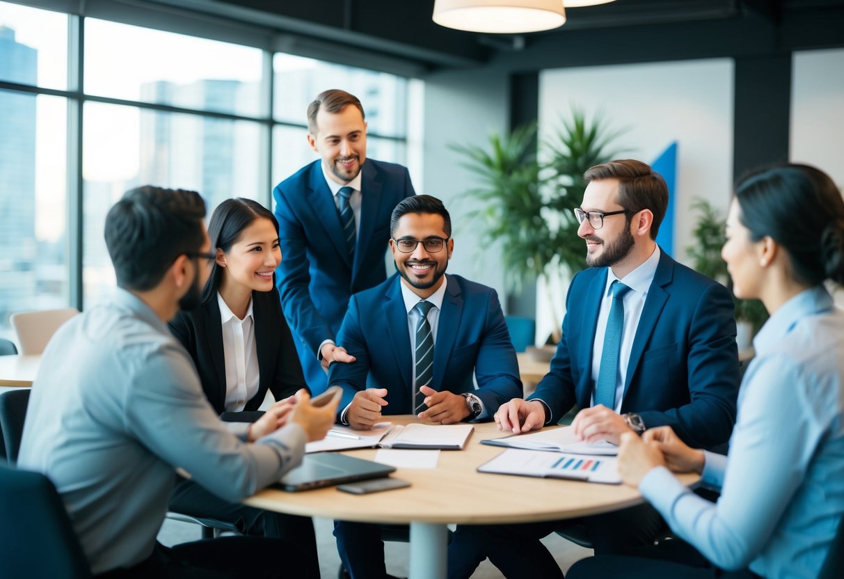 A group of professionals discussing and collaborating on a project, with a focus on hiring Salesforce developers