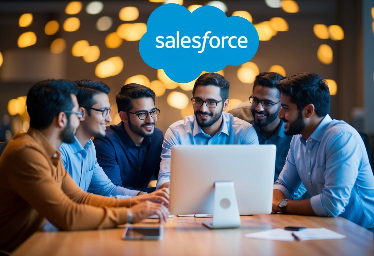 A group of developers collaborating around a computer, discussing Salesforce integration and coding