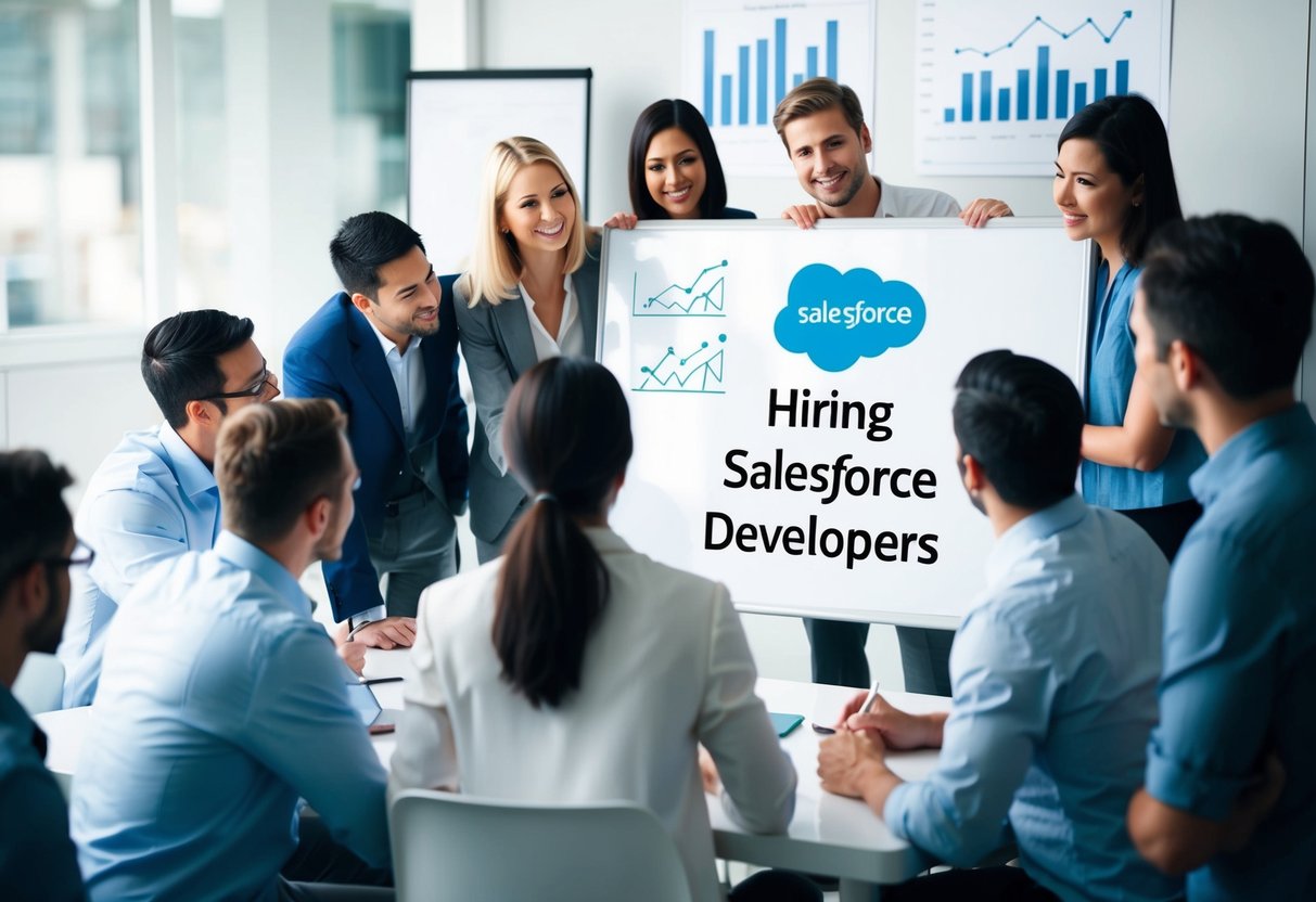 A group of people gather around a whiteboard, discussing and brainstorming ideas for hiring Salesforce developers. Charts and graphs are displayed in the background