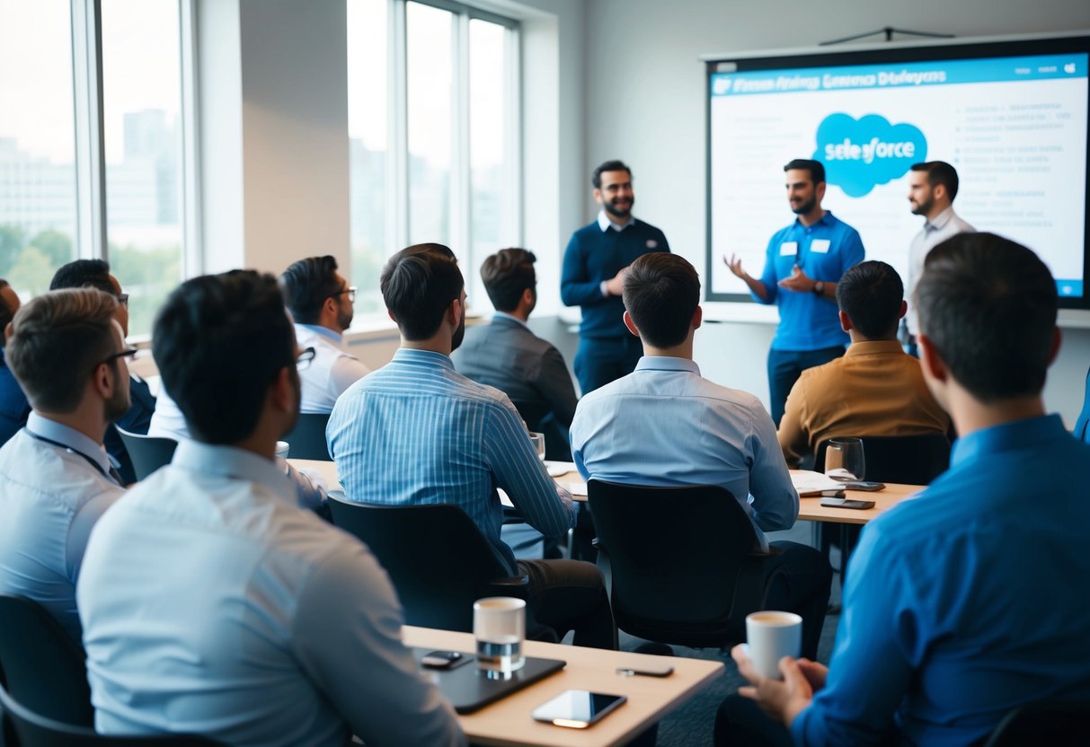 A group of individuals attending a workshop on hiring Salesforce developers, with a speaker presenting information on continuous learning and development