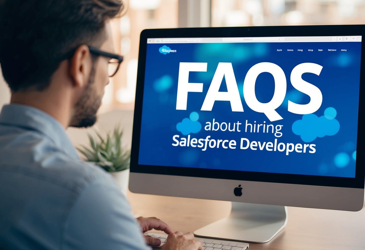 A person browsing a website with a list of FAQs about hiring Salesforce developers