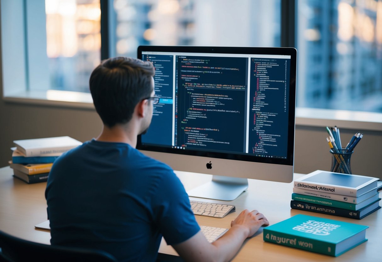 A person coding on a computer with multiple windows open, surrounded by Angular 6 documentation and programming books