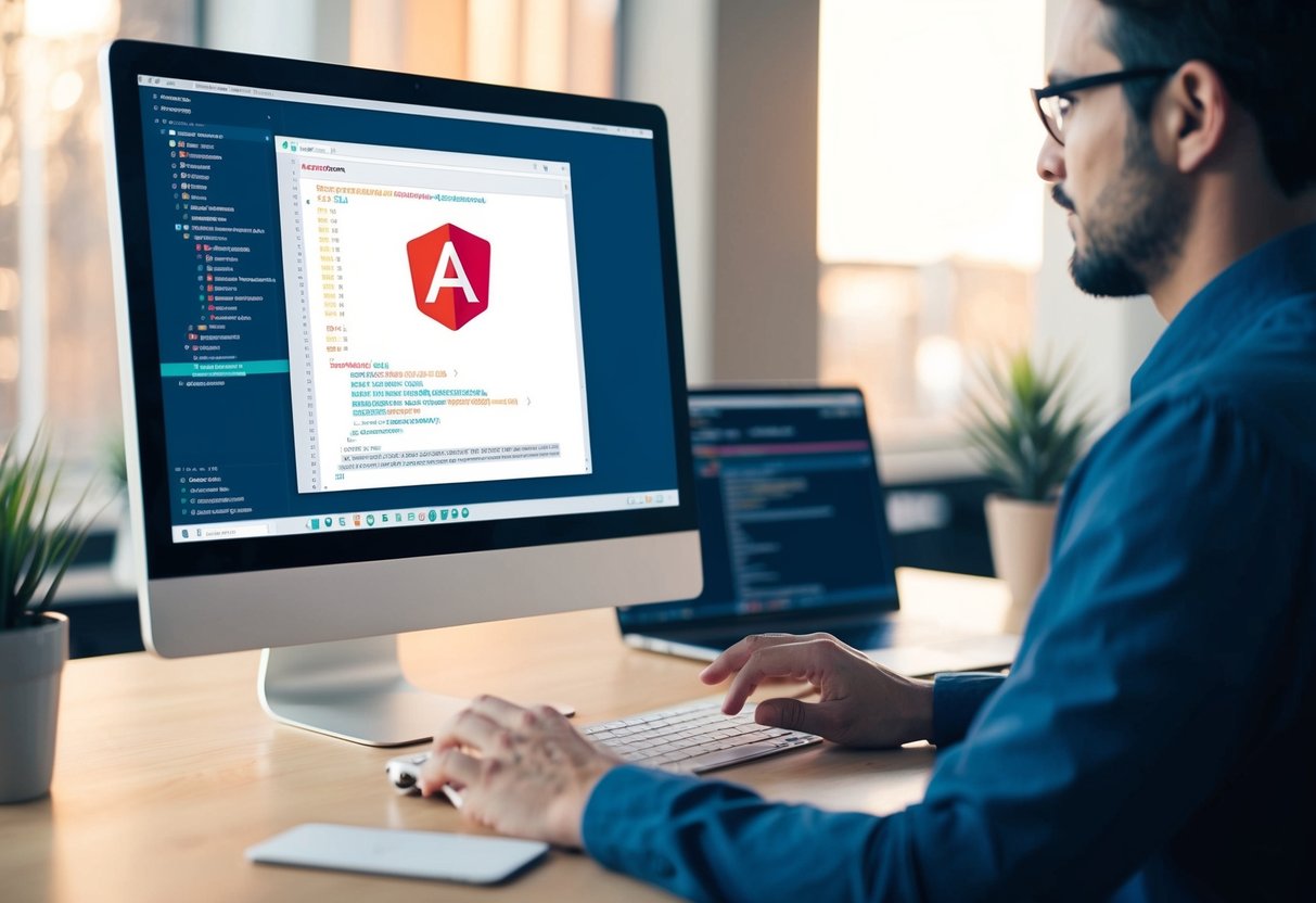 A developer optimizing code on a computer screen with Angular 6 framework open