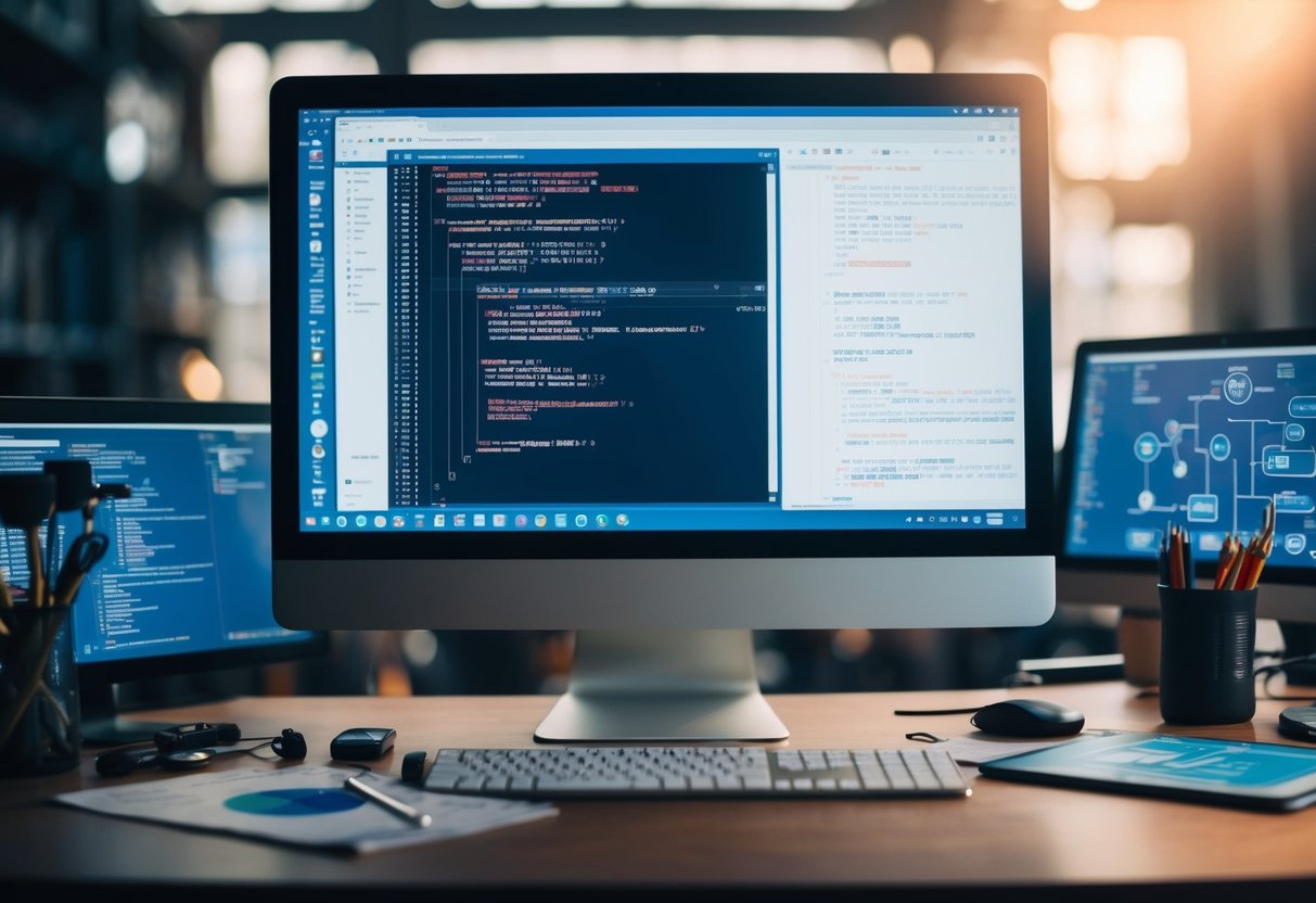 A computer screen displaying code, surrounded by various tools and diagrams