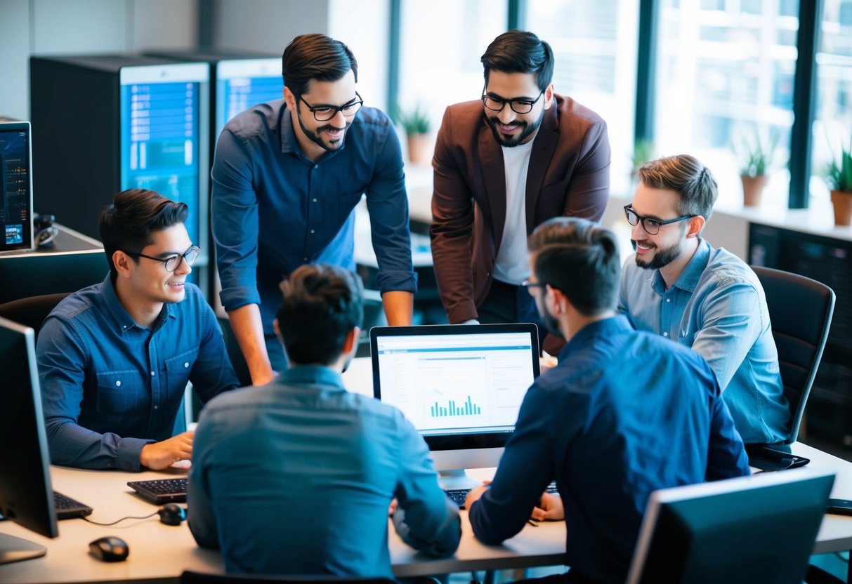 A group of individuals collaborating on a project, surrounded by computers, servers, and other tech equipment, working together to build a DevOps team