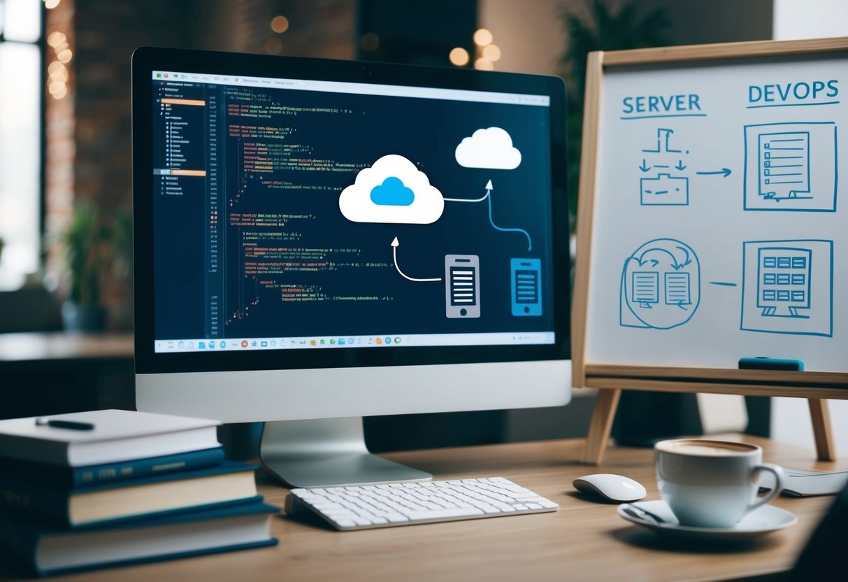 A computer screen displaying code, a cloud icon, and a server icon, surrounded by books on DevOps, a whiteboard with diagrams, and a cup of coffee