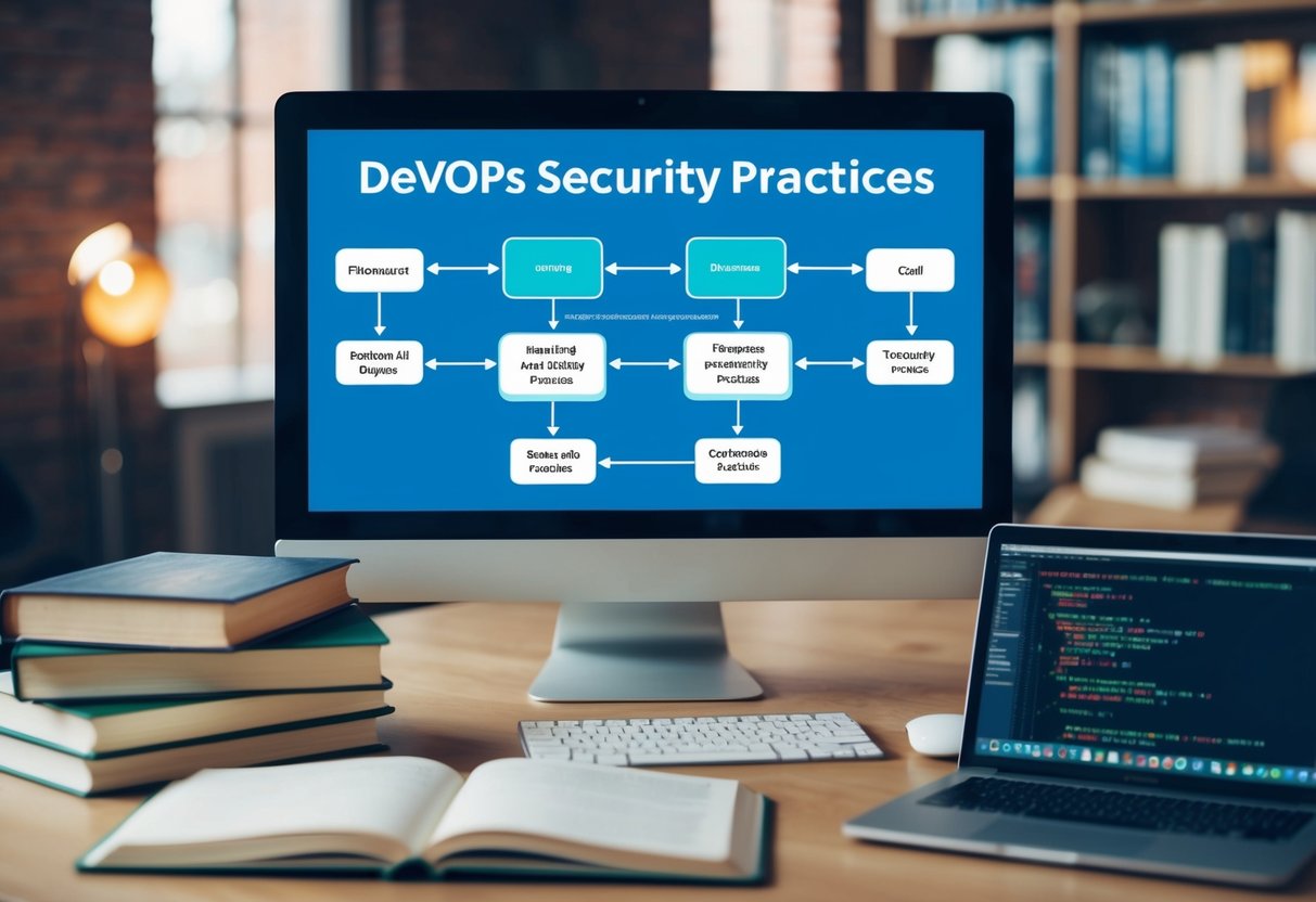 A computer screen displaying a flowchart of DevOps security practices, surrounded by open books and a laptop with coding software