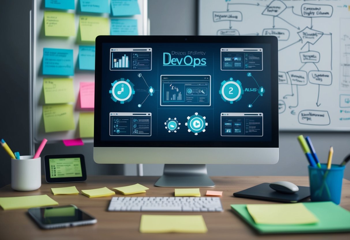 A computer screen displaying a series of DevOps tools and processes, surrounded by sticky notes and a whiteboard filled with diagrams and flowcharts