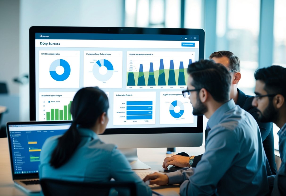 A computer screen displaying a dashboard with various performance metrics and charts related to DevOps success. A team of engineers collaborating in a modern office environment