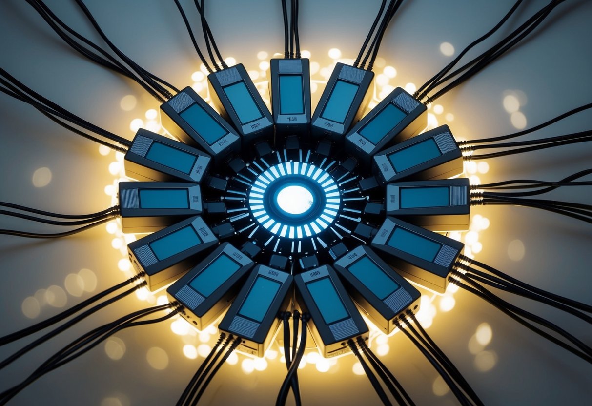 A group of servers and computer terminals arranged in a circular pattern, with cables and wires connecting them, all surrounded by a glowing aura of light