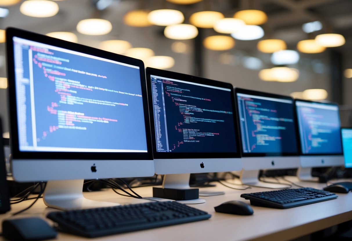 A group of computer screens with code on them, surrounded by keyboards and mice