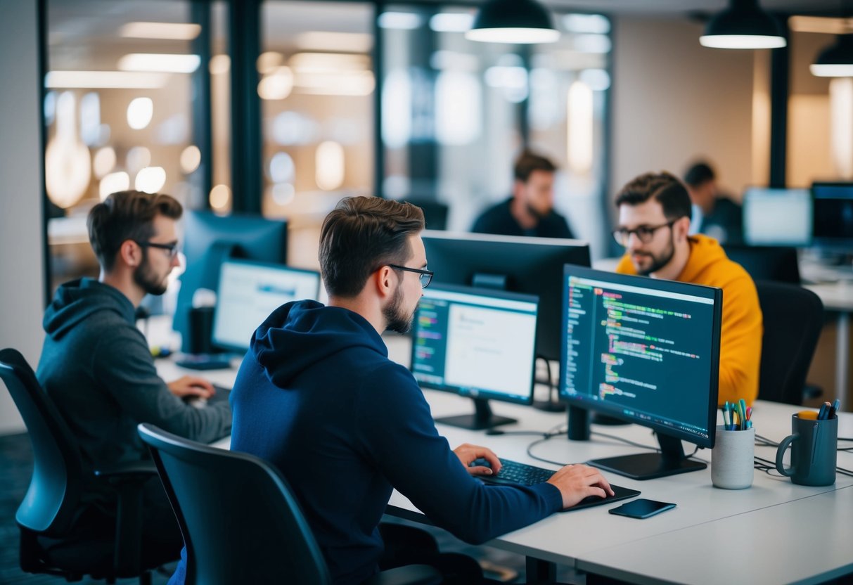 A group of coders working at their desks in a modern office setting