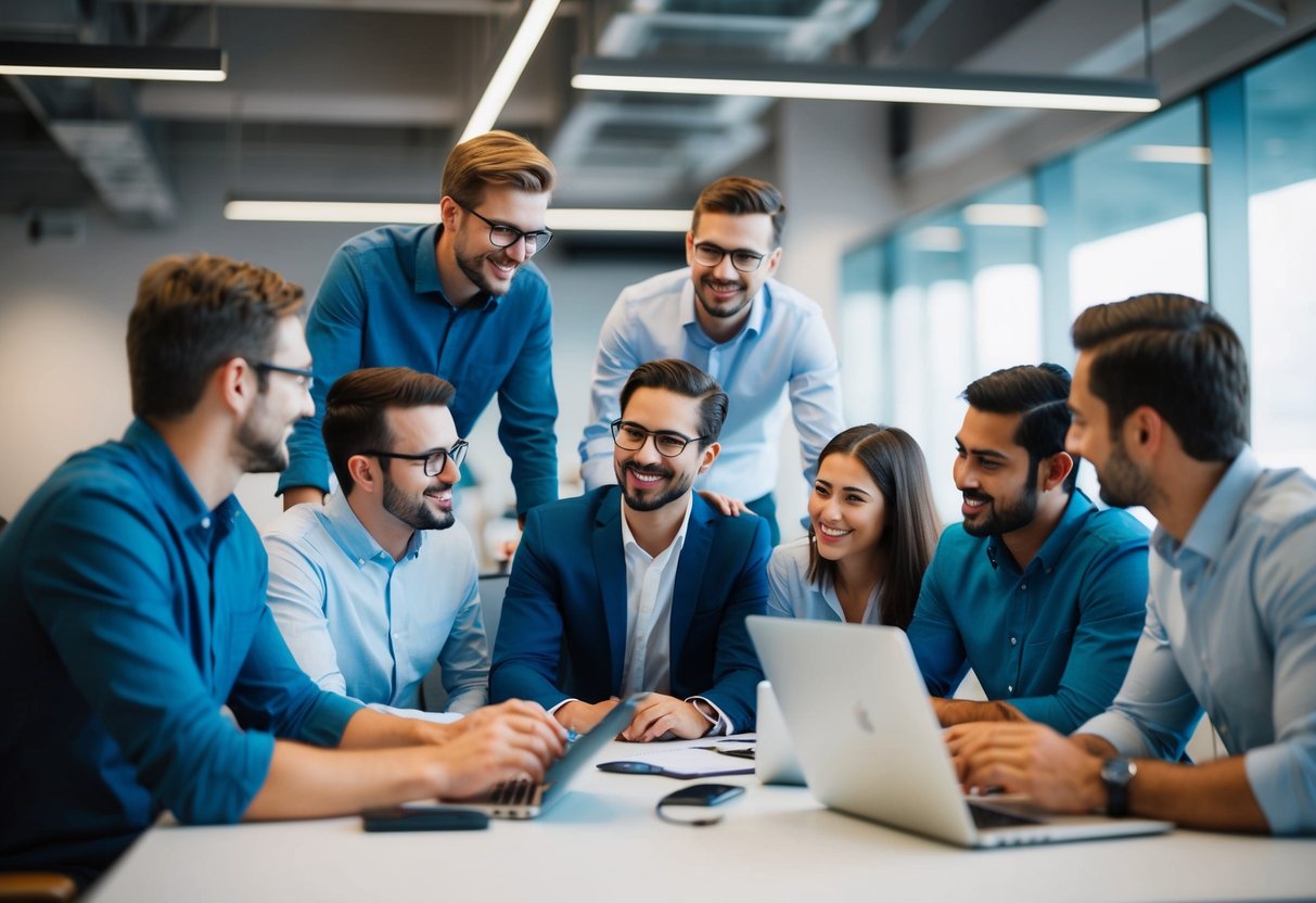 A group of programmers collaborating on a project, sharing ideas and working together to integrate new team members