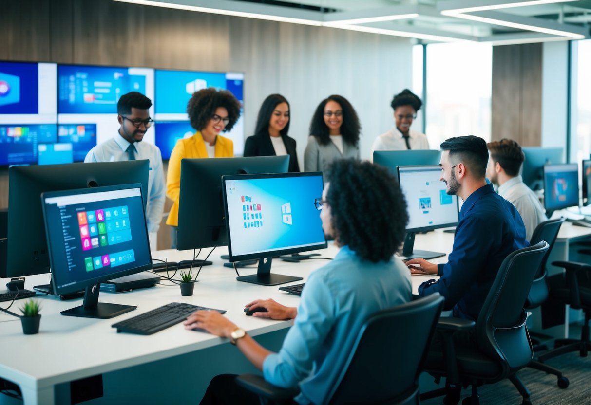 A group of diverse individuals working at computer stations in a modern office setting, with futuristic technology and digital displays