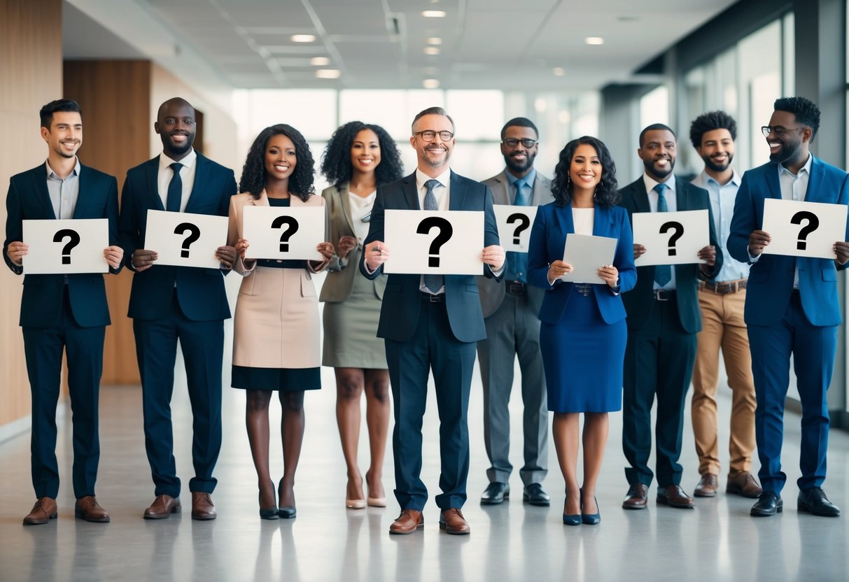 A group of diverse individuals standing in line, each holding a sign with a question mark, while a hiring manager looks on