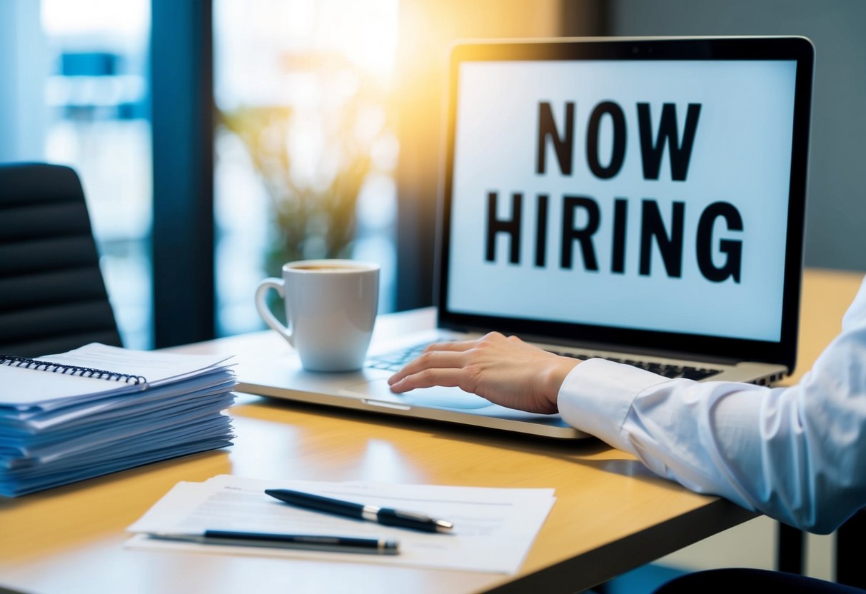 An office desk with a laptop, coffee mug, and a stack of resumes. A hand reaching for the laptop, with a "Now Hiring" sign in the background