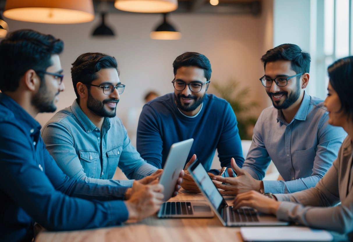 A group of android developers being guided through an onboarding process, with a mentor providing best practices and training