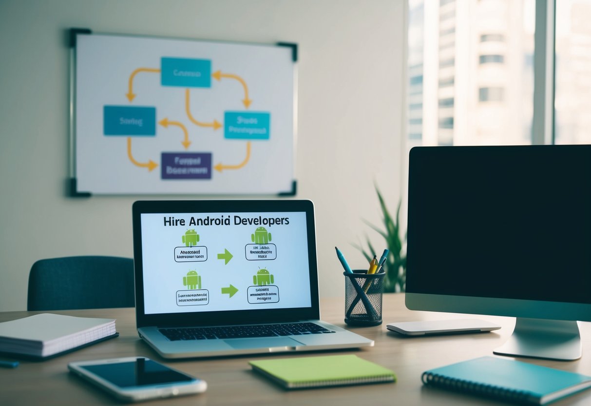 A desk with a computer, notebook, and pen. A flowchart on the wall outlines the steps to hire Android developers