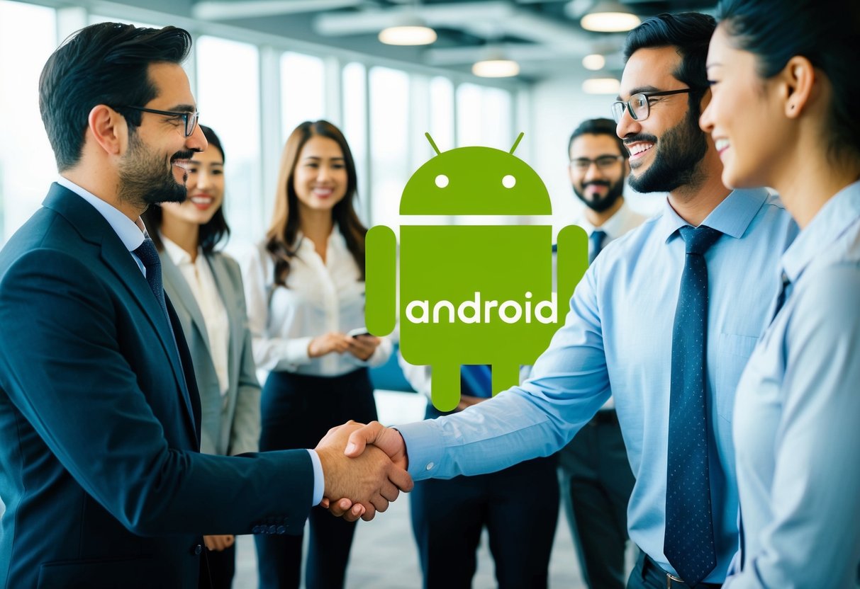 An office manager shaking hands with a newly hired android developer, while other team members look on with smiles